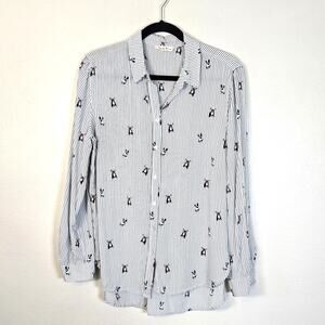 Jane & Delancy French Bulldog Shirt Womens L Black White Stripe Dog Lover Artsy